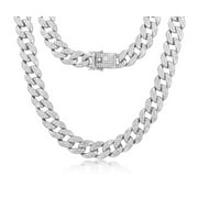 Cuban Link Chain Iced Out 15MM 18k Silver Plated Simulated Diamond CZ Pave | Choker | Necklace | Silver Tone Hip Hop Bling