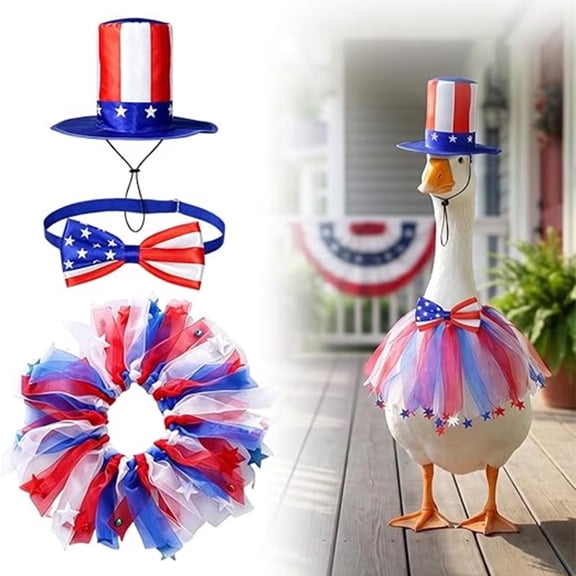 4th of July Porch Goose Outfits – Goose Independence Day Costume with Bow Tie & Hat, Patriotic Lawn Decoration for Yard Goose(Tall Hat1set)