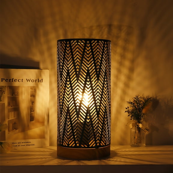 Metal Lamp Battery Powered 11''H Accent Cordless Decor Battery Lamp with 6-Hours Timer for Weddings Party Patio Garden Indoor Outdoor Table Balcony Christmas Decorations (with Wooden Base)