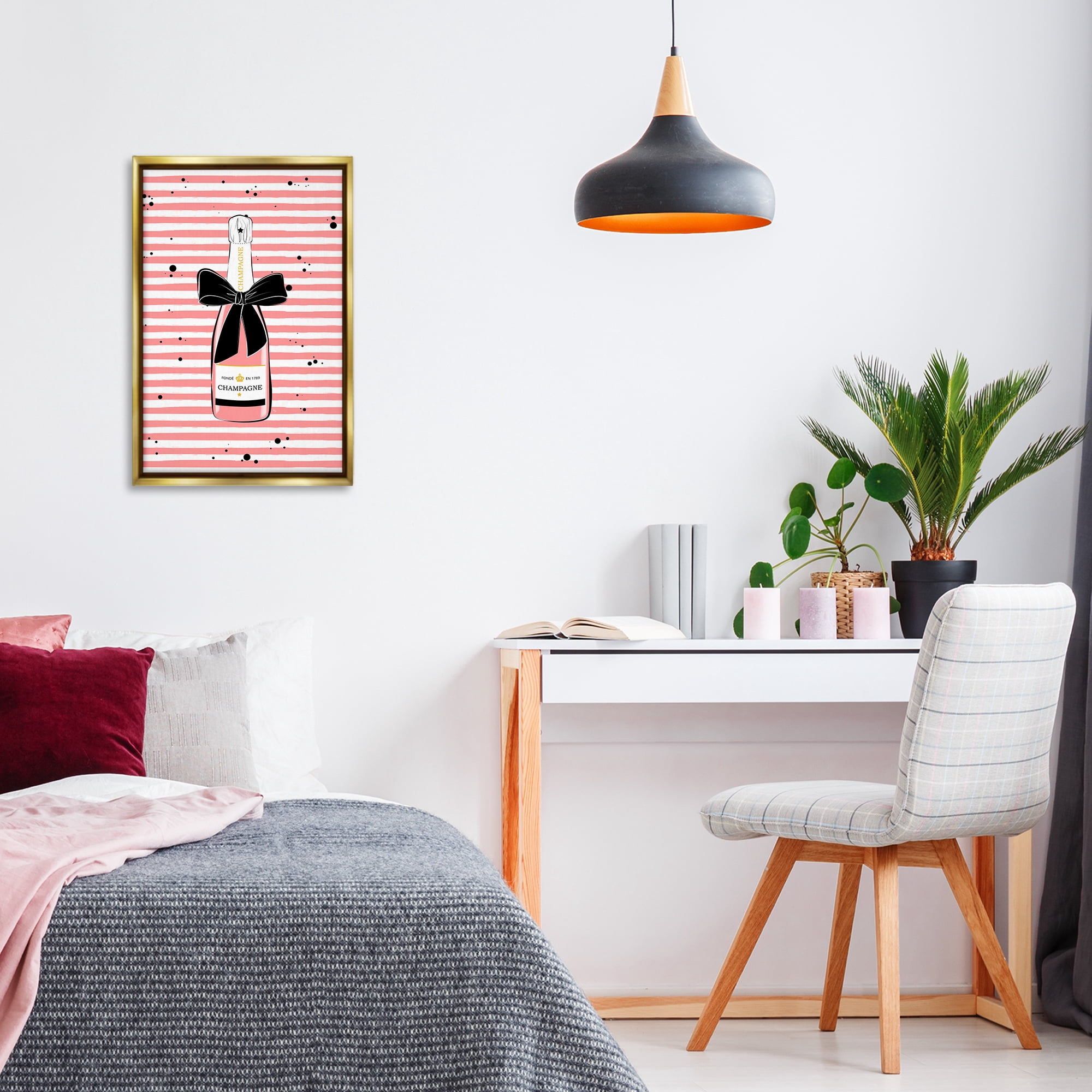 Stupell Industries Pink Champagne on Stripes Food & Beverage Painting Gold Floater Framed Art Print Wall Art, 17 x 25