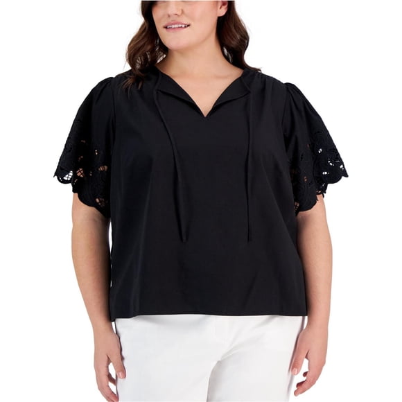 Anne Klein Womens Tie Neck Knit Blouse, black, Plus Size, 3X
