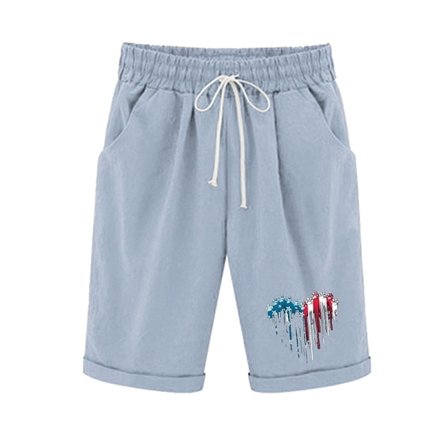 Pantalones Cortos Casuales para Mujer Día de la Independencia Impreso Elástico de la Cintura, Pantalones Cortos de Verano para Mujeres