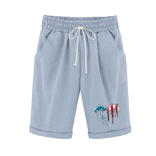 Pantalones Cortos Casuales para Mujer Día de la Independencia Impreso Elástico de la Cintura, Pantalones Cortos de Verano para Mujeres