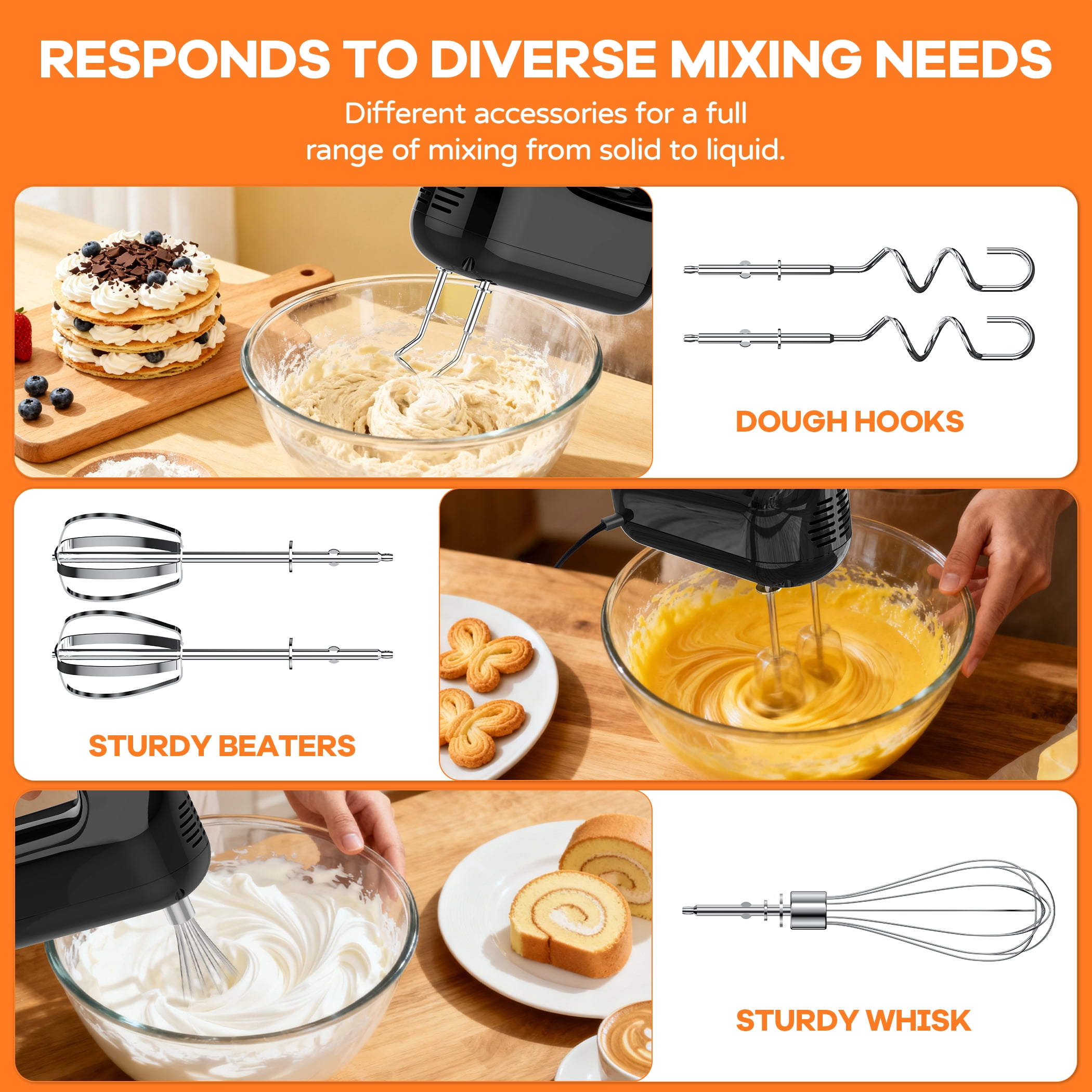 Hivroo Electric Hand Mixer, 5-Speed with Stainless Steel Beaters & Dough Hooks for Baking Cake Egg Cream Food
