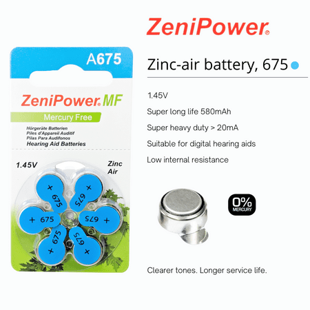 ZeniPower Mercury Free Hearing Aid Batteries Size 675 (180 Batteries)