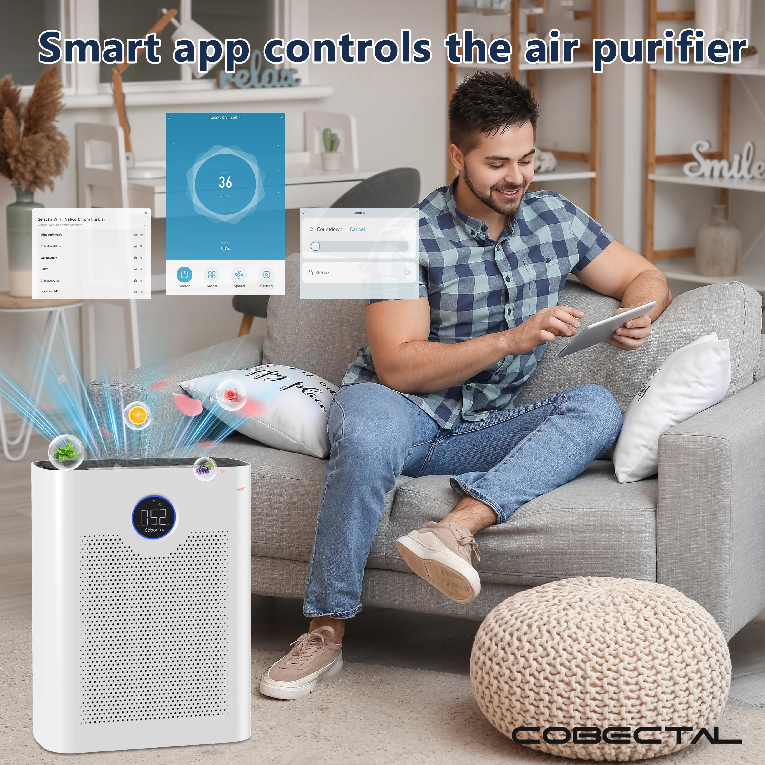Cobectal ZQA-8000A Air Purifiers for Home,H14 Large Air Purifier Suitable for Pet,White