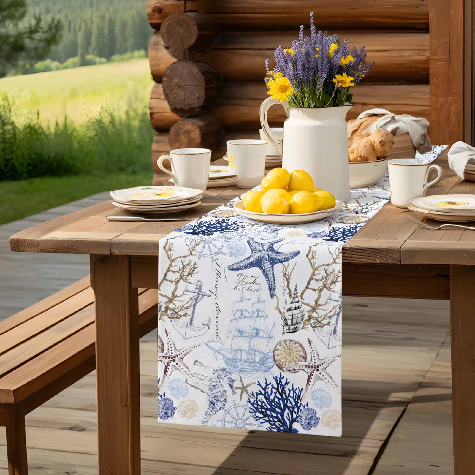 Ocean Starfish Blue Coral Table Runner 90 Inches Long, Nautical Anchor Vintage Boat Table Runners Tabletop Scarf Kitchen Dining Tables Decoration for Home Party Indoor Outdoor