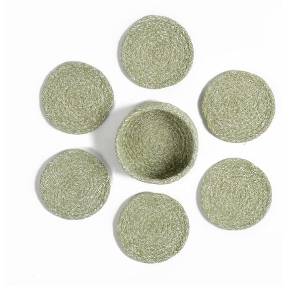 Coasters Set of 6 for Drinks, Cotton Woven Absorbent Coasters with Holder, Boho Style Tabletop Protection for Coffee, Beer & Cups (Green)