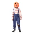 thumbnail image 2 of Halloween Family Matching Costume Sets, Pumpkin Head Mask with Striped Shirt and Suspender Pants, Parent-Kids Scarecrow Cosplay Outfit for Party, 2 of 6