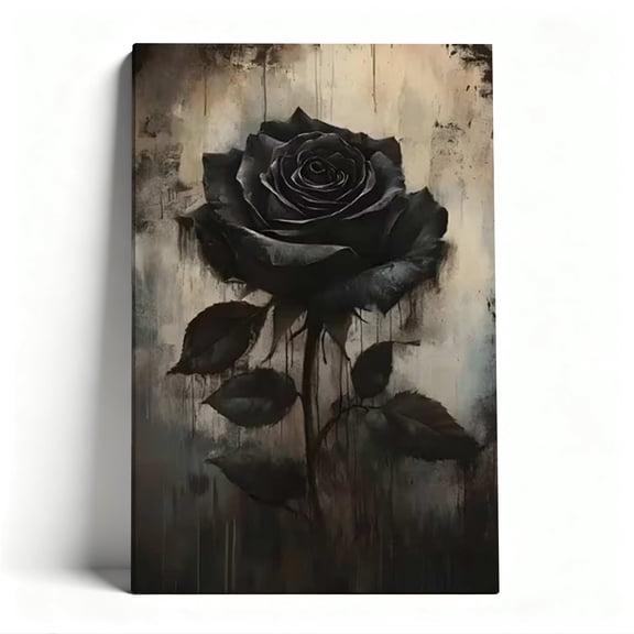 Moody Black Rose Drip Canvas Wall Art, Gothic Floral Decor, Textured Monochrome Artwork for Bedroom, Ready to Hang