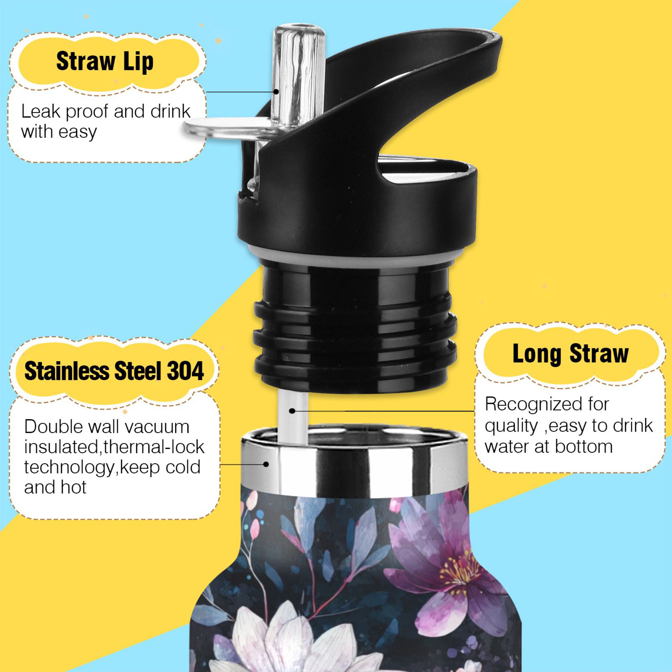 600ML Stainless Steel Insulated Cup Sports Water Bottle Portable Thermos Cup Water Glasses Insulated Tumblers Convenient and Durable Purple Flowers
