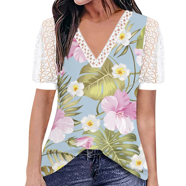 Gibobby Camiseta de Manga Corta con Cuello en V Top manga corta con cuello en V encaje informal con estampado moda para mujer(Azul celeste,XL)