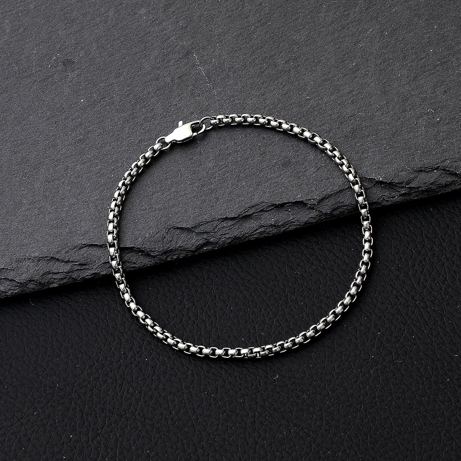 SanThree 3mm Pure Titanium Box Chain Bracelet for Men Women, Ultra Light NO Allergic Square Rolo Link Round Box Chain Bracelets Bracelets Jewelry Birthday Gifts for Father Grandpa Boyfriend,7.48”