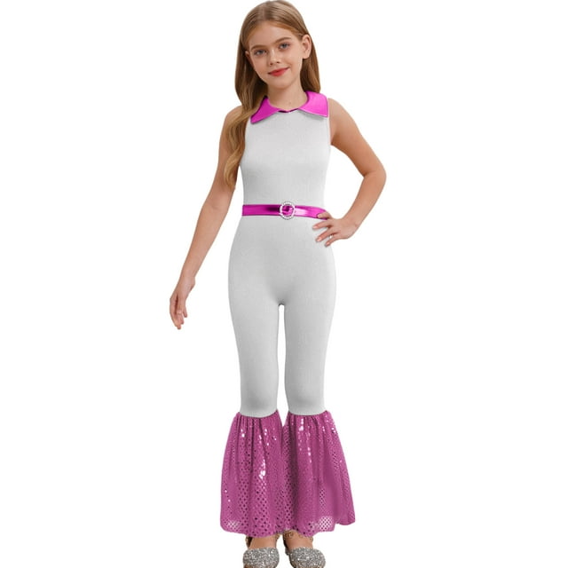 Hansber Combinaisons de Danse Disco Sans Manches à Sequins pour Filles Enfants Col Rabattu Fermeture Éclair Argent 16