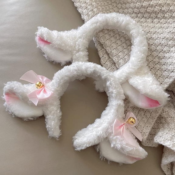 batmeuy Hair Hoop Sheep Ear Design Plush Headband Bowknot Bell Decor White Hairband Makeup Washing Accessory