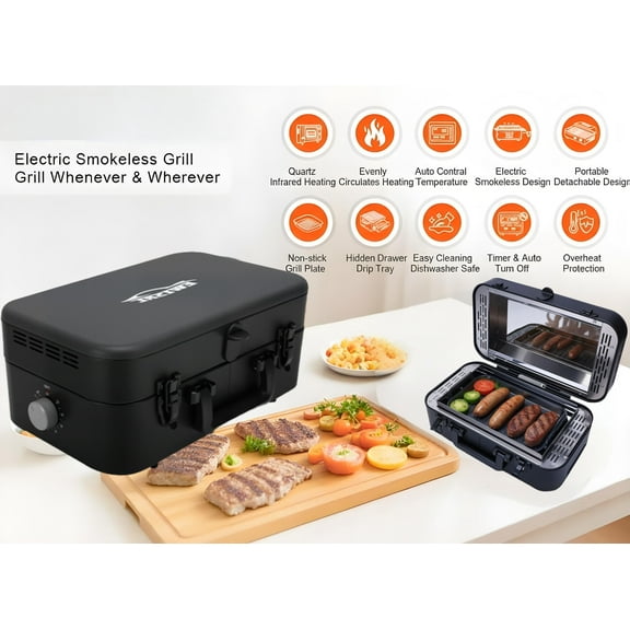 HUOEPU Electric Indoor Searing Grill with Adjustable Temp Control to 550F, Non-Stick Removable Plates & Grease Tray, for Outdoor, Camping, Picnic, RV Travel