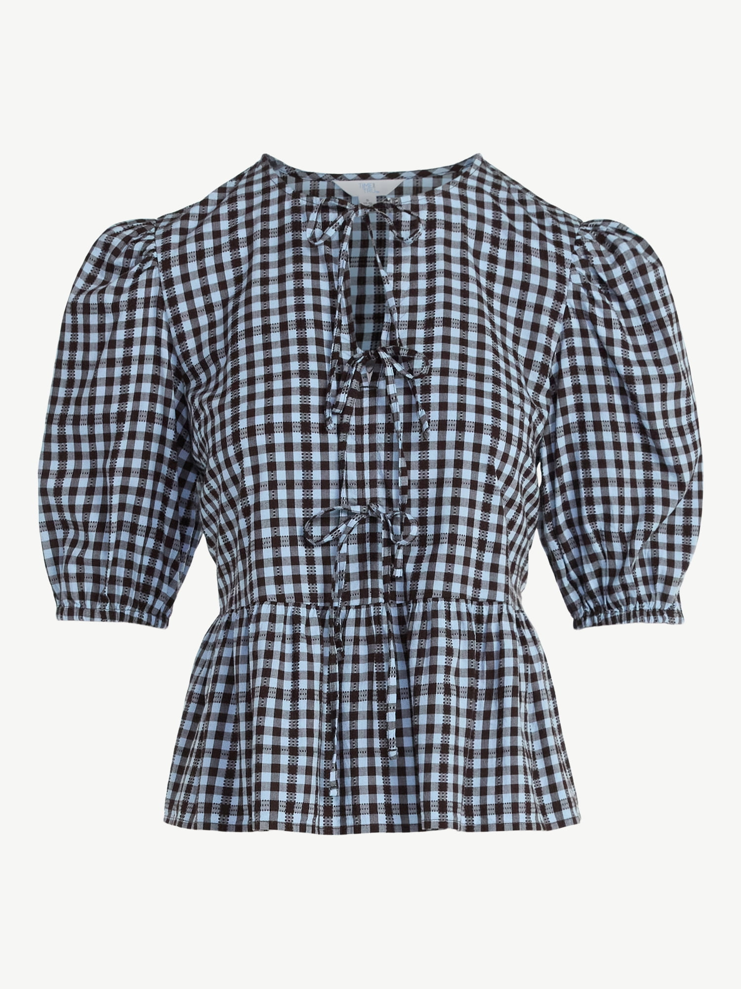 Time and Tru Women's Tie Front Peplum Top with Short Puff Sleeves, Size XS – XXXL