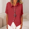thumbnail image 2 of Mujeres Manga Corta de Verano Tops Botón Cuello Rígido Suelto Ajuste Blusa, Camisetas Casuales de las Mujeres Estilo de Lino Color Plano de Primavera de Uso Diario, 2 of 8