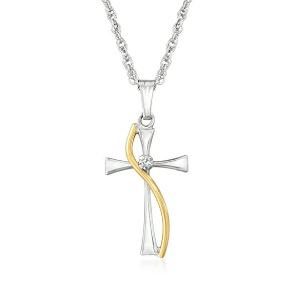 Ross-Simons Sterling Silver and 14kt Yellow Gold Cross Pendant Necklace With Diamond Accent, Women's, Adult