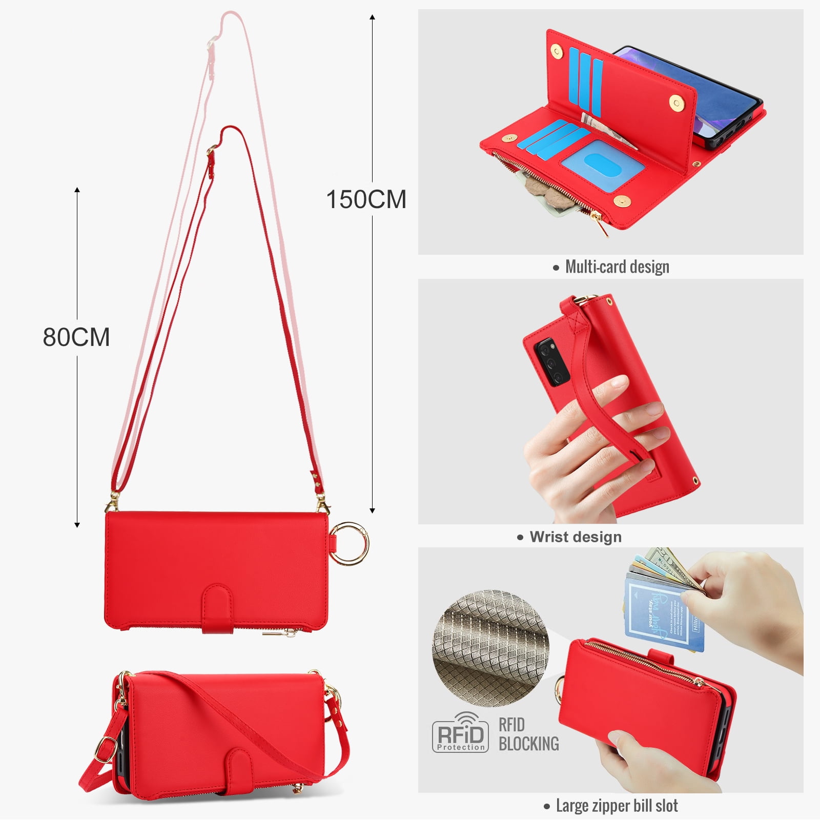 ELEHOLD For Samsung Galaxy Note 20 Phone Case Leather Crossbody Zipper Card Wallet Flip Case Kickstand Cover, with Ring Holder,Full Body Protection-Red