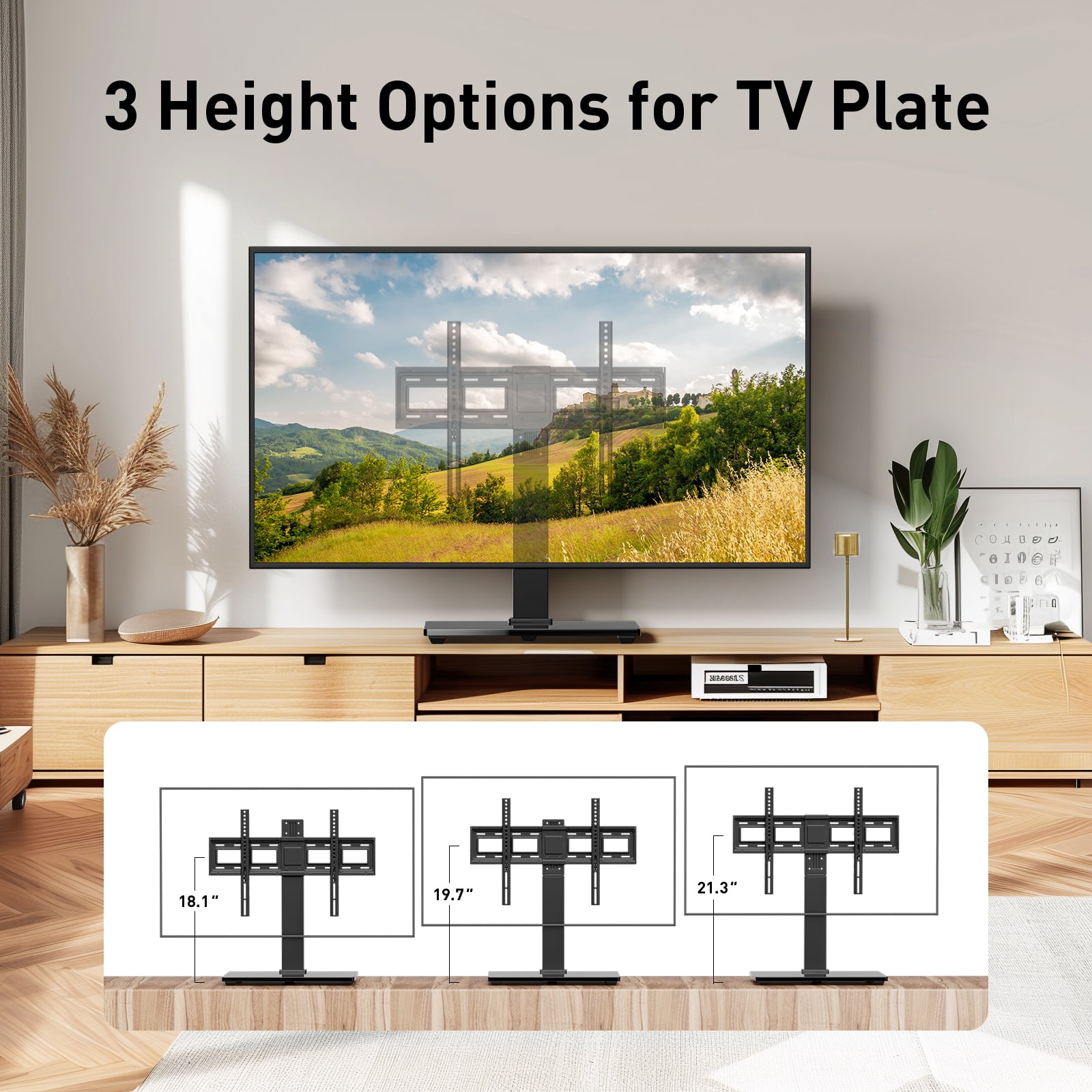 MountFTV Universal Table Top TV Stand for 32-80" Flat Screen TVs,  Max 600x400mm, Up to 110 lbs, Tabletop TV Mount with 9 Height Adjustable, Alloy Steel Glass Base