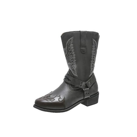 

Audeban Womens Cowboy Low Block Chunky Heel Boots Embroidery Mid Calf Booties Shoes