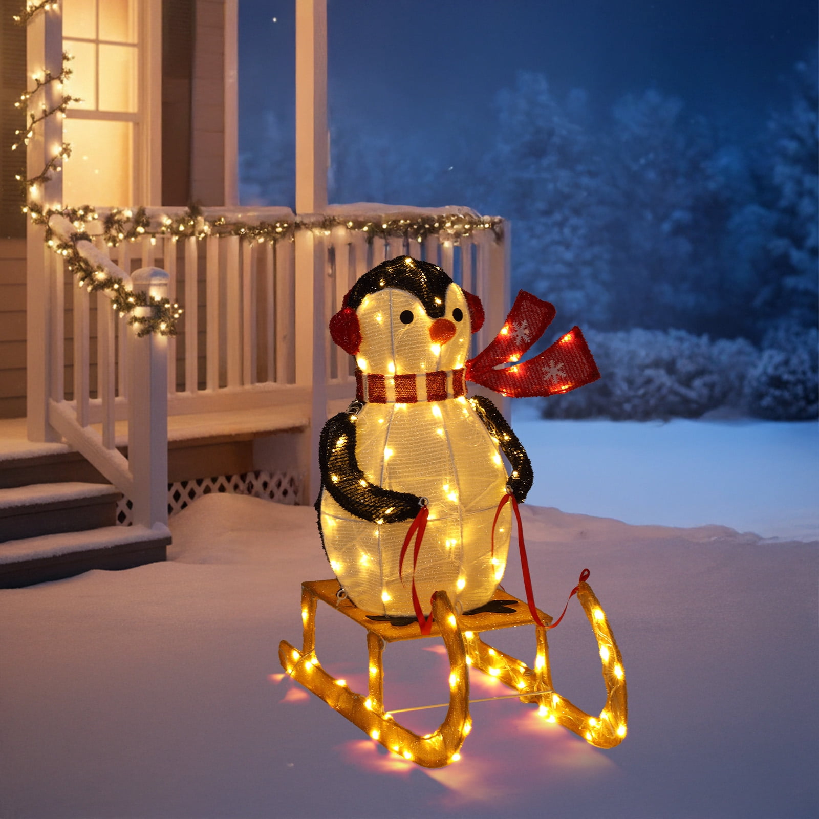Astoutdoor Lighted Penguin Riding Sleigh Christmas Decoration, Pre-Lit with 130 Warm White LED Lights, Indoor Outdoor Holiday Display, White