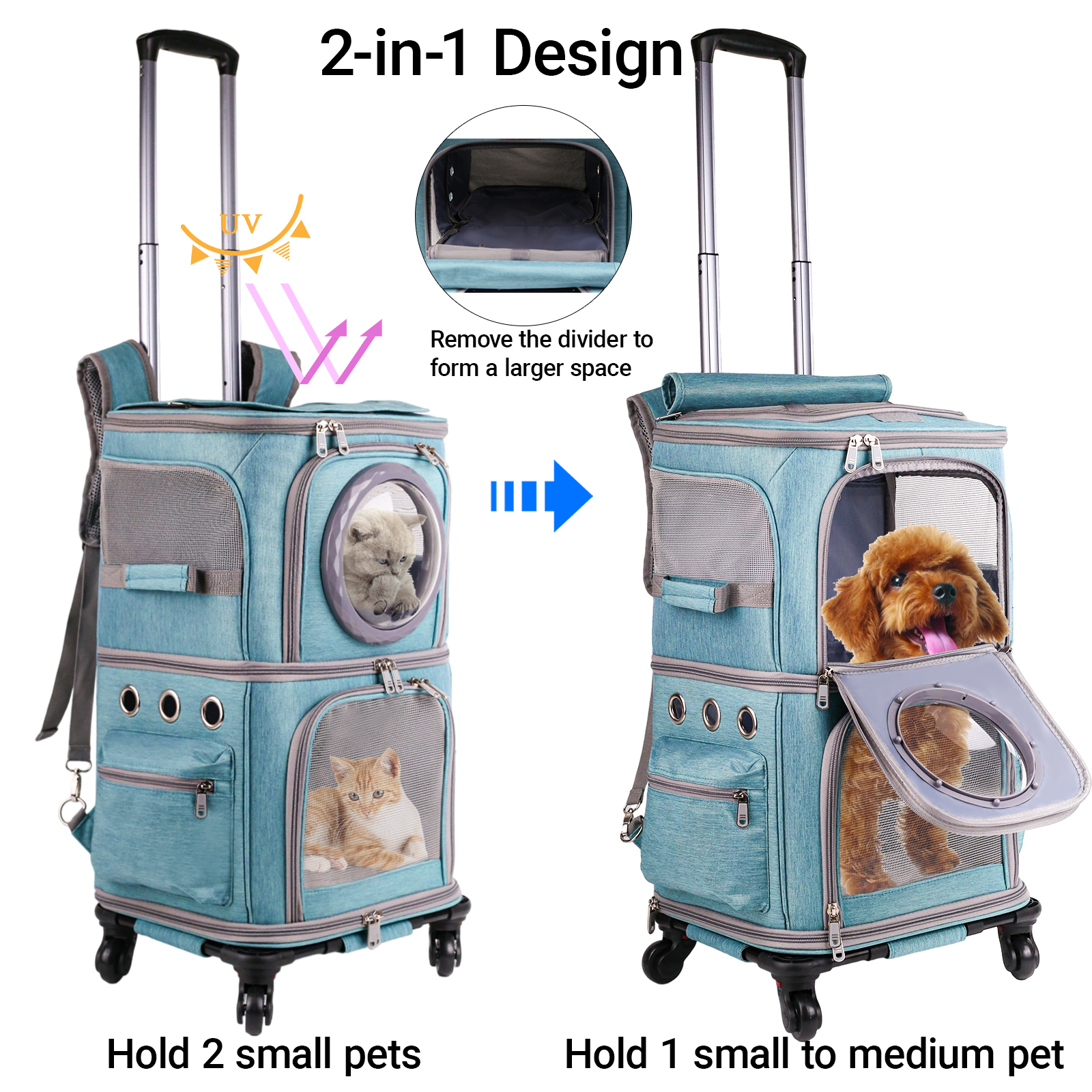 2-in-1 Pet Carrier Backpack for Two Cats or One Dog with Puller & Roller, Green Double-Layer 2 Compartment Carry Bag to Transport Small Animals Traveling and Hiking, Space Capsule Clear Bubble Dome