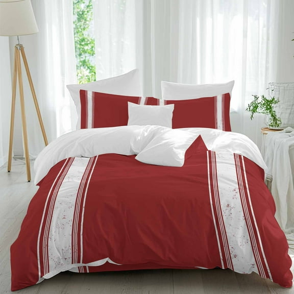 Christmas Farmhouse Duvet Cover Set King Size, Red Stipe 4 Piece Soft Microfiber Bedding Set Holiday Bedding with Zipper Closure, 1 Comforter Cover, 1 Flat Sheet, 2 Pillowcases