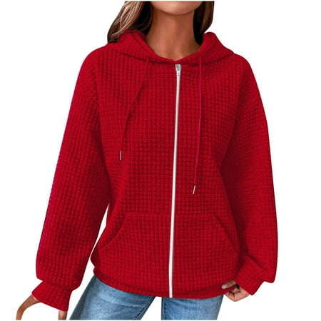 Flash Deals Lightning Deals of Today Prime Women Casual Loose Hooded Long Sleeve Zipper Solid Cardigan Blouse Hoodies Sweatshirt Tops with Pocket, Red L