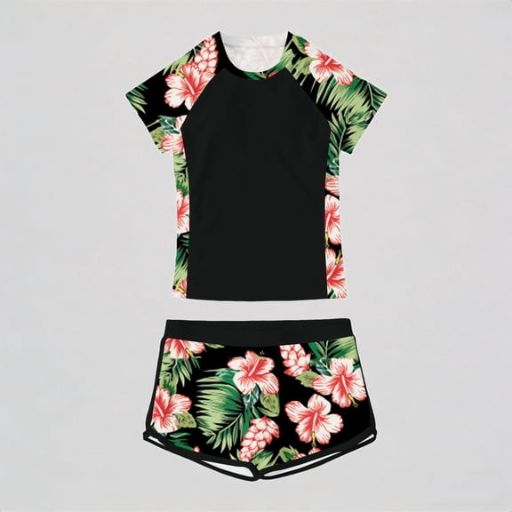 REDARER Girls 2-Piece Swim Set – Floral Print Short-Sleeve Top & Matching Shorts, Tropical Design for Beach Pool Summer Outfits,11-12 Years