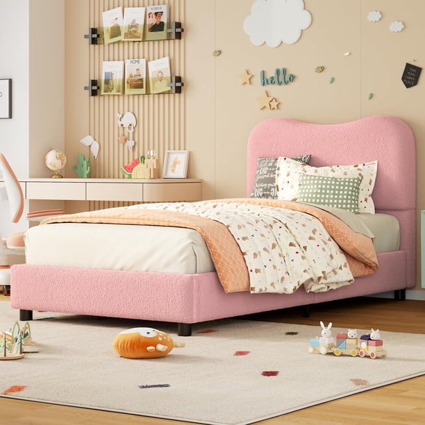 Tamaño individual-size rosa niños' cama plataforma forrado cabecero, low profile, sturdy, soft bouclé fabric, suitable girls y boys, heavy-duty madera slats, noise-free, no box spring required