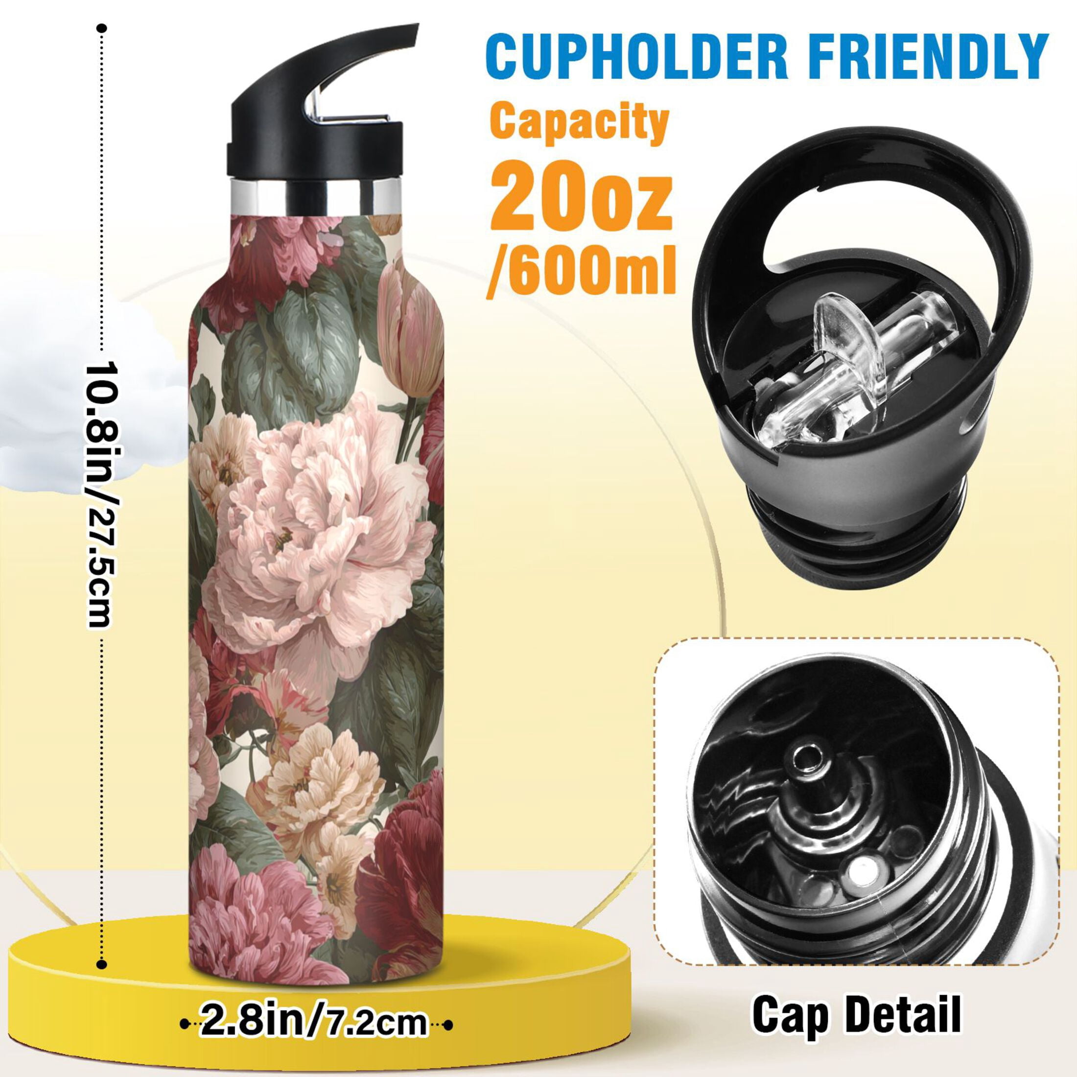 600ML Stainless Steel Insulated Cup Sports Water Bottle Portable Thermos Cup Water Glasses Insulated Tumblers Convenient and Durable Retro Flowers
