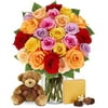 From You Flowers - Two Dozen Mixed Rainbow Roses + Chocolates + Bear with Glass Vase (Fresh Flowers) Birthday, Anniversary, Get Well, Sympathy, Congratulations, Thank You