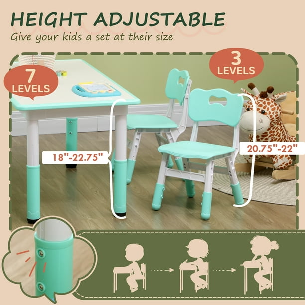 Qaba Kids Table and 4 Chairs Set with Adjustable Height Green