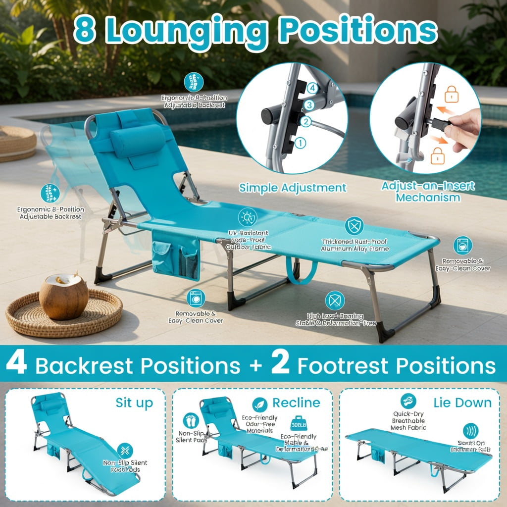 Hommoo Turquoise Folding Beach Lounge Chair with Adjustable Backrest, Carry Strap & Removable Pillow, Heavy-Duty Aluminum Frame, Perfect for Beach, Pool, Patio & Outdoor Relaxation