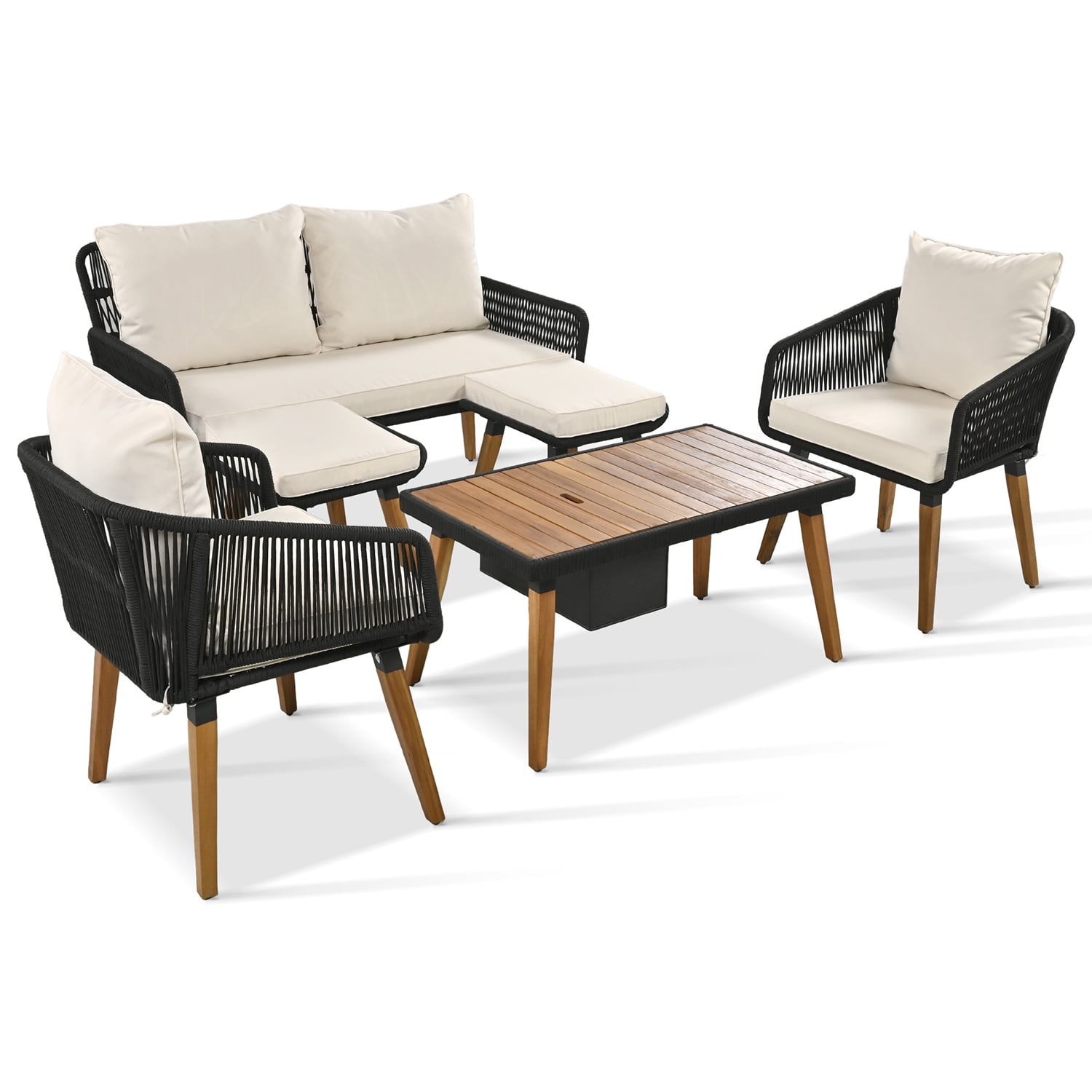 Aimee Lii Outdoor Patio Acacia Wood & Rope 6-Piece Furniture Set with Ice Bucket, Patio Conversation Set with Ottomans, Beige
