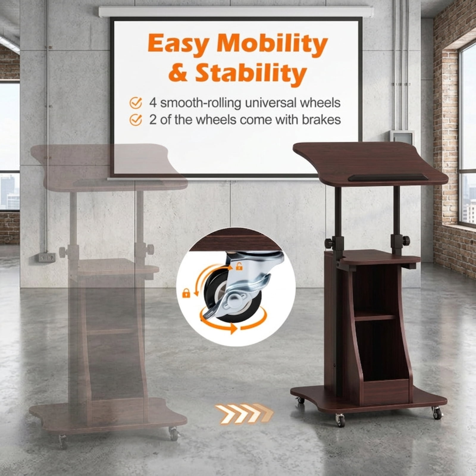 Furnibear Mobile Podium Stand Height Adjustable Laptop Cart with Tilting Tabletop Lockable Wheels and Storage Compartments for Office, Brown