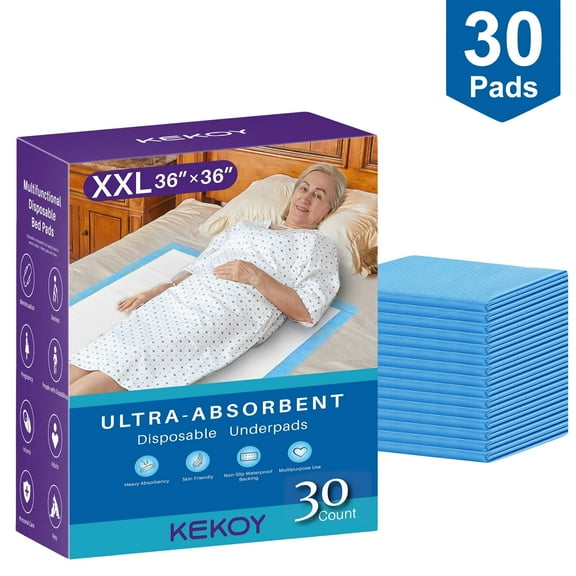 KEKOY 30 Count 36" x 36" Super Absorbency Disposable Underpads, Leakproof Quick Drying, Bed Liner, Dog Pee Pads, Extra Large Incontinence Pads