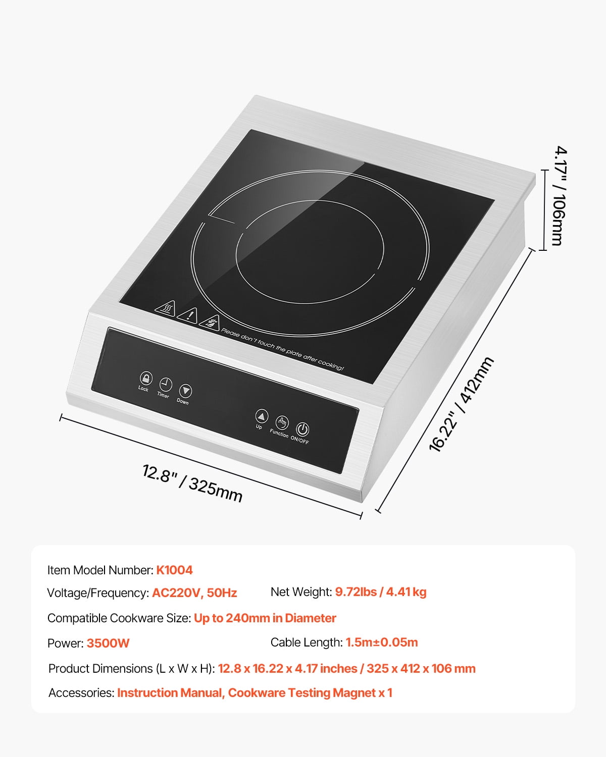 KFFKFF Mobile Induction Stove, 3500W Professional Induction Heater with 11 Heat Levels, Metallic Kitchen Induction Plate with 3H Timing Function, Safety Lock, Ideal for Food Service Use