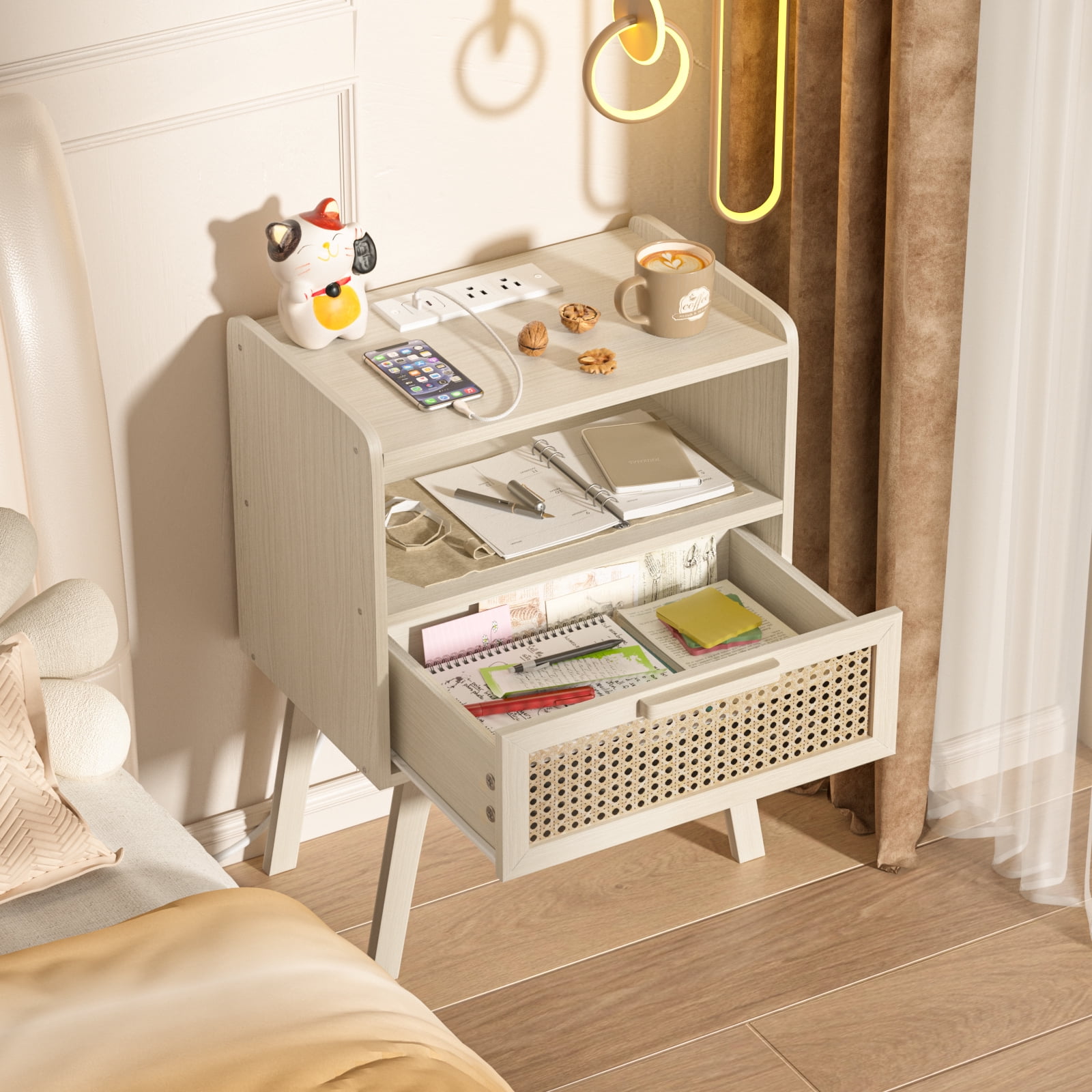 LEYAOYAO 2pc Nightstand with USB Ports, Woven Rattan Bedside Table with 1 Drawer and Lift-Up Legs, for Boho Bedroom, Grey