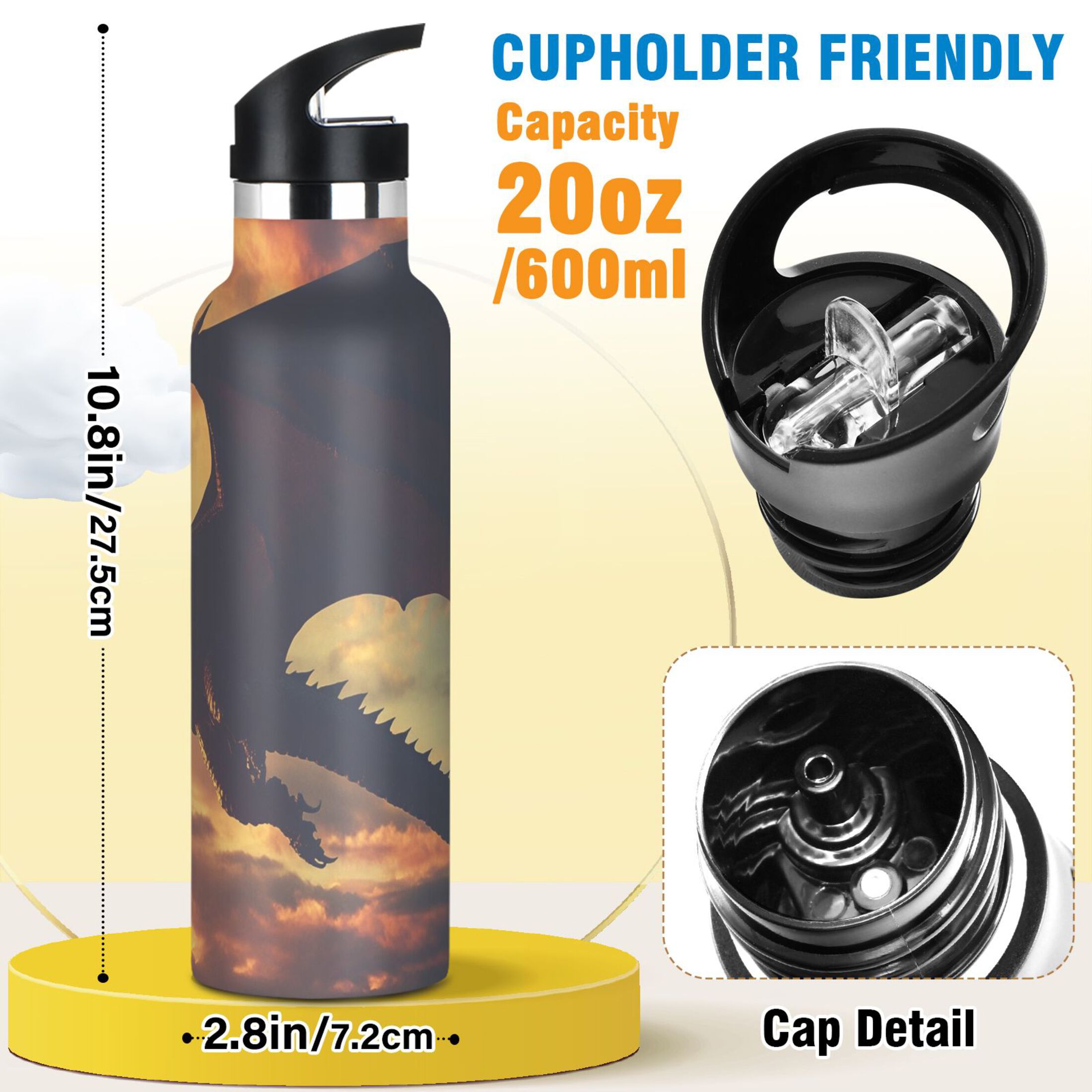 600ML Stainless Steel Insulated Cup Sports Water Bottle Portable Thermos Cup Water Glasses Insulated Tumblers Convenient and Durable Ride The Dragon