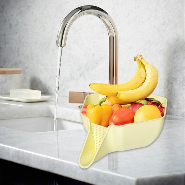 Multi-functional Drainer Basket, Over Sink Fruit and Vegetable Washing Strainer, Kitchen Sink Food Catcher Colander, Easy to Use and Clean, Practical for Kitchen Organization, Clear, Yellow