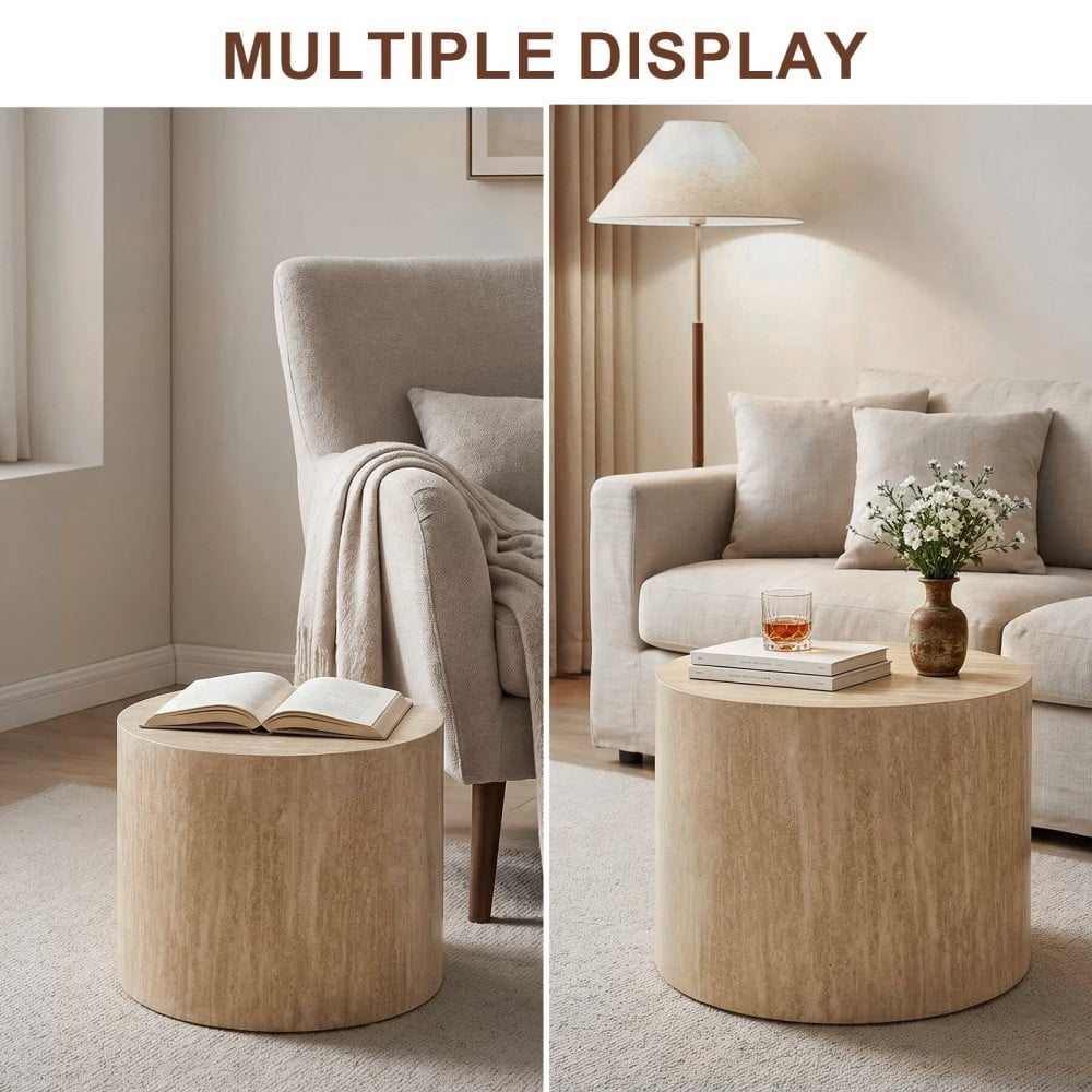 Nesting Coffee Table Set of 2, Modern Round Wood Side Tables with Non-Slip Feet, Small End Tables for Living Room, Bedroom, Office, Balcony, Small Spaces, Beige Gray
