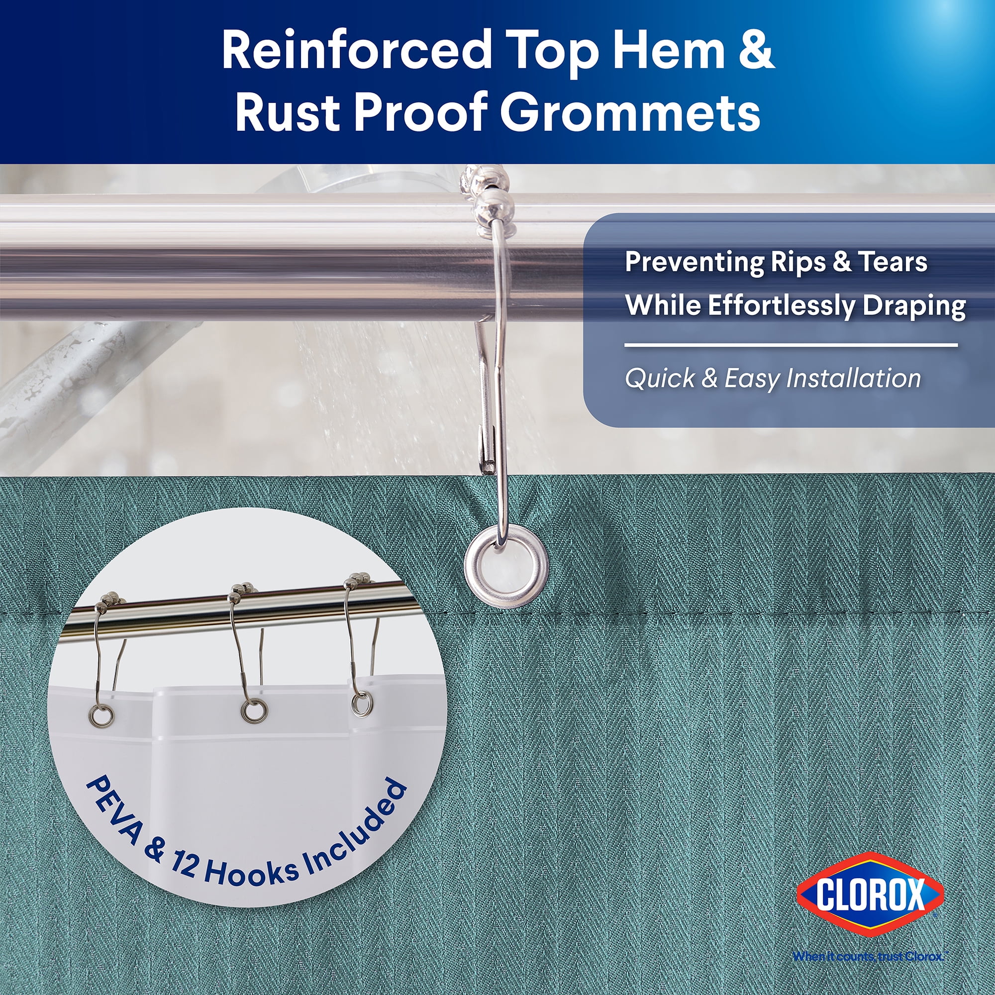 Clorox 100% Polyester Shower Curtain Set with Waterproof PEVA Liner and 12 Metal Hooks (Aqua)