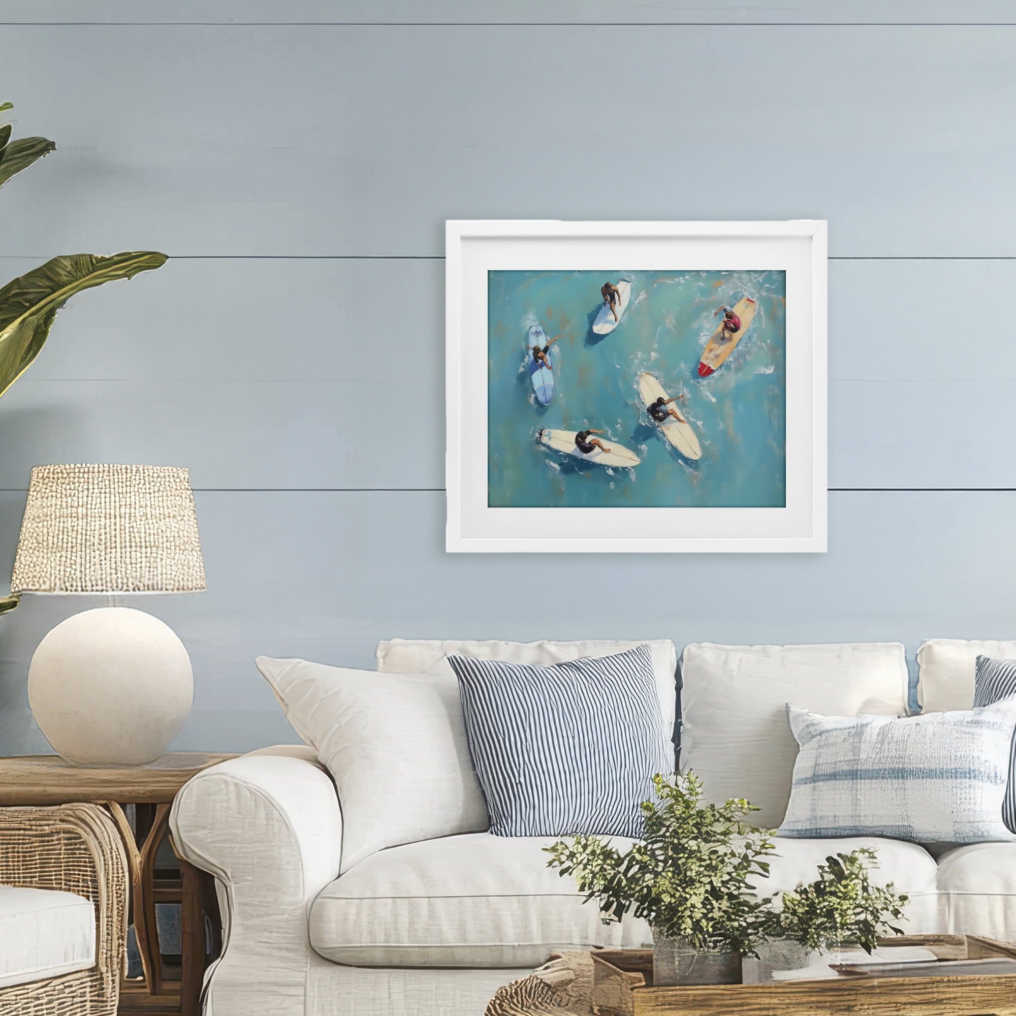Stupell Industries Group of Surfers at Sea White Framed Print Under Glass, design by LSR Design Studio