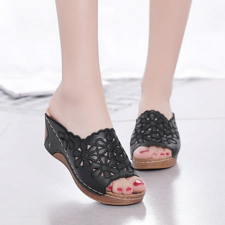 

uikmnh Slippers for Women Women s Casual Hollow Out High Heels Thick Platforms Shoes Slippers Black 6.5