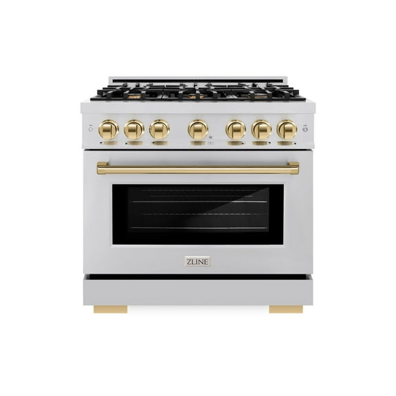 ZLINE Autograph Edition 36 in. 5.2 cu. ft. Dual Fuel Range with 6 Burner Gas Cooktop and Electric Convection Oven in Stainless Steel with Polished Gold Accents (HDRZ-36-G)