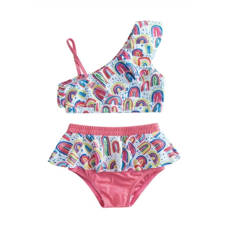 

Qtinghua Toddler Baby Girls Summer Swimwear One Shoulder Ruffle Bikini Top+Briefs Bottom 2Pcs Beach Vacation Bathing Suit