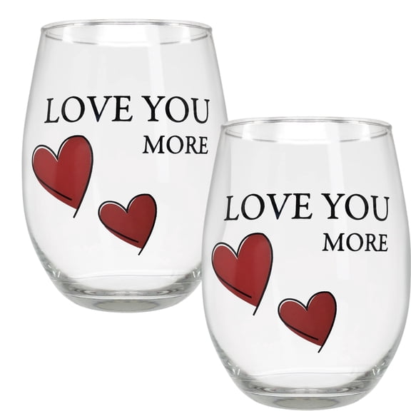 Lover's Wine Glass Set - Love You More - Set of 2 - Stemless Wine Glasses with Decorative Hearts - Mr. & Mrs. - His and Her Romantic Glassware  20 oz